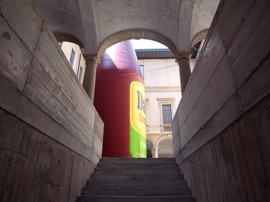 installation view with 'daddies tomato ketchup inflatable'