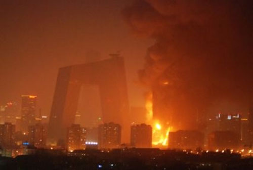OMA's TVCC building in bejing china engulfed in fire