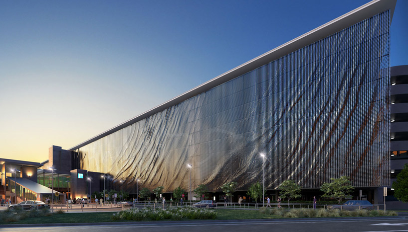 brisbane airport kinetic parking garage facade by ned kahn + UAP