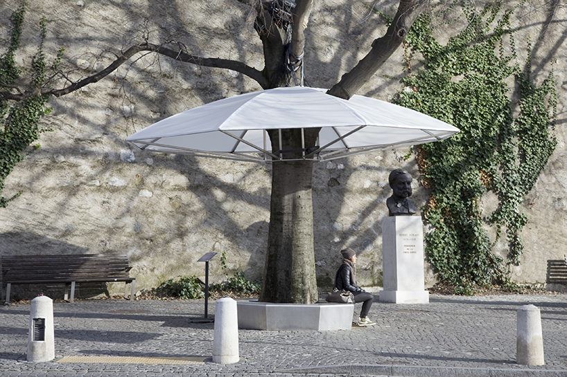 sheltree - an illuminated umbrella-like canopy for a tree by allegory