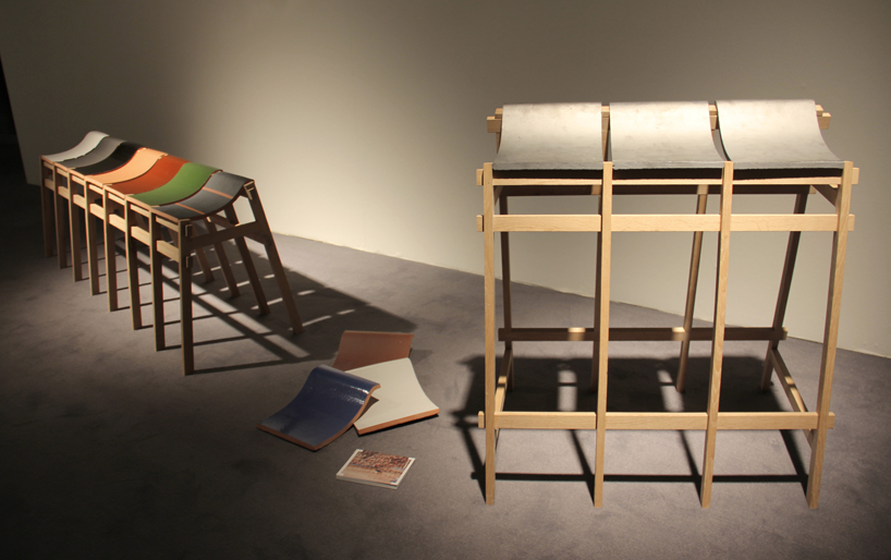 bar stools and benches by tsuyoshi hayashi are built with discarded roof tiles