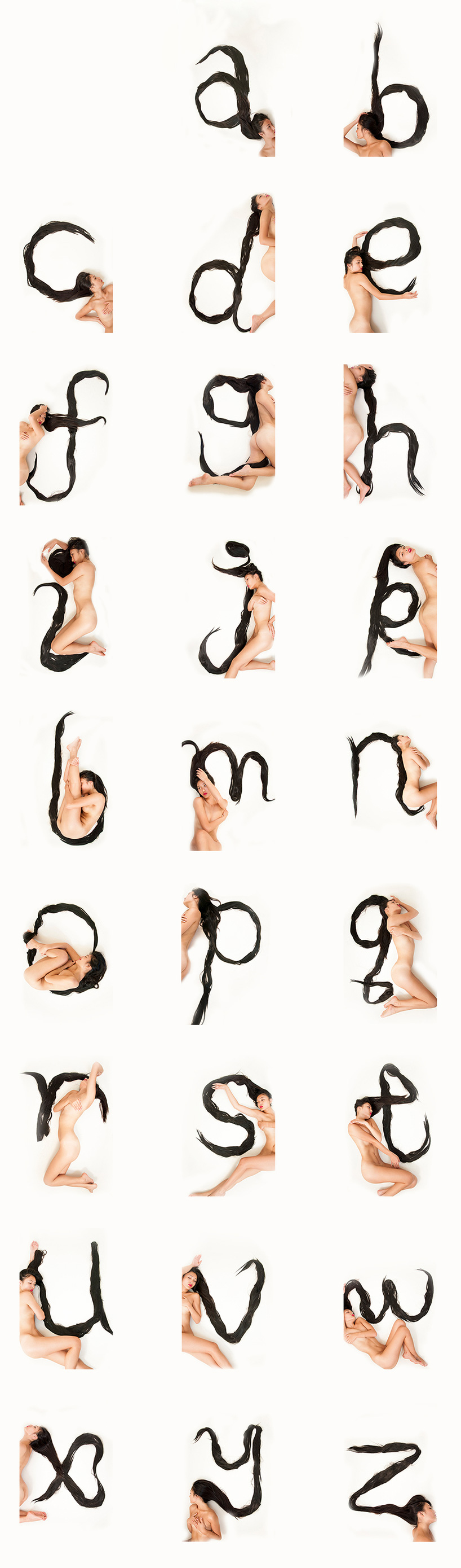 shurong diao forms hair alphabet from her long locks