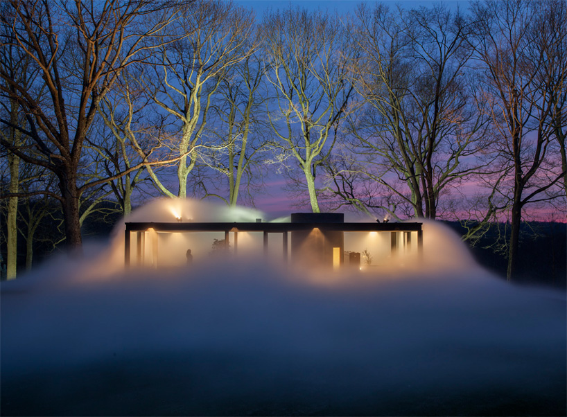 fujiko nakaya wraps the glass house in a veil of dense fog