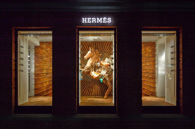 levi van veluw crafts wood veneer display for hermès, shanghai