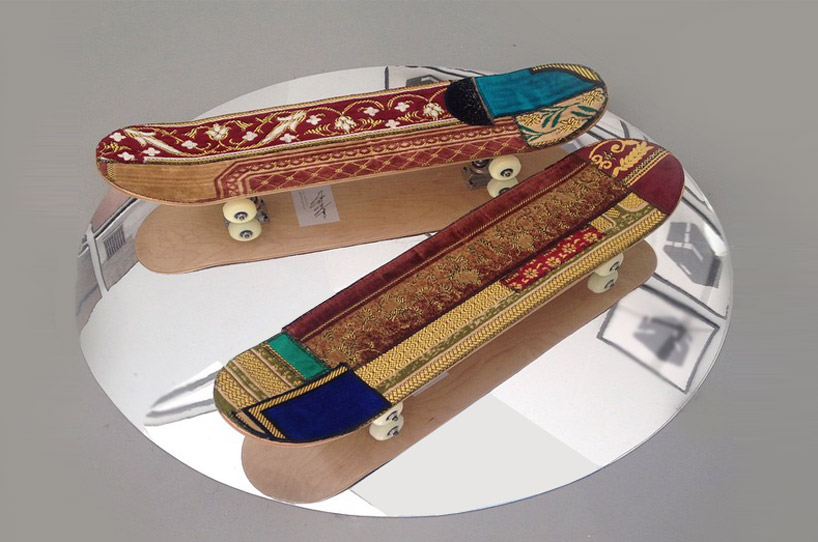 skateboards with prayer rugs by mounir fatmi at miami UNTITLED art fair