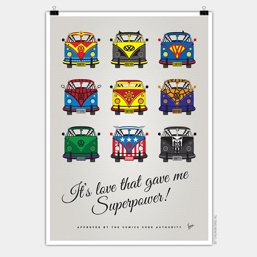 volkswagen T1 superhero posters fashion VW vans for comic characters