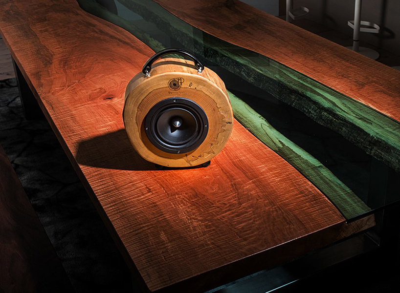 rockit log wooden speakers are made of recycled trees