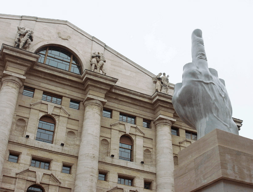 maurizio cattelan's middle finger displayed in milan