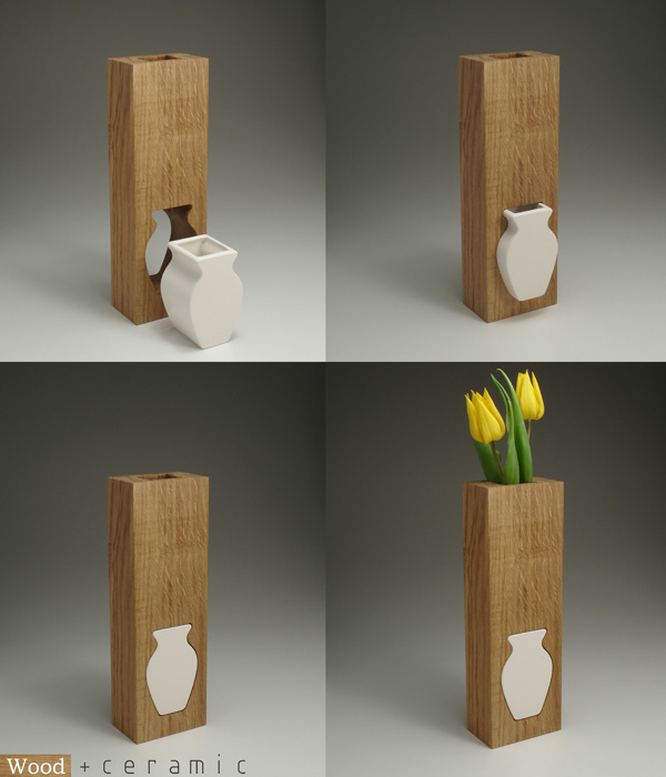 wood &amp; ceramic vase | designboom.com
