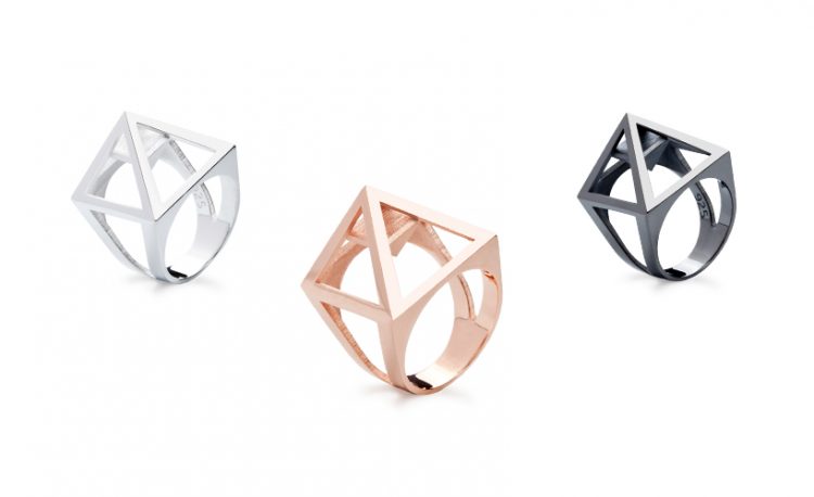 3d printed jewelry: abstract pyramid rings by Radian, Nefertiti collection