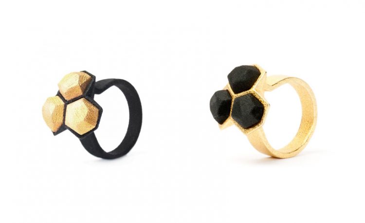 3d printed rings Calyx, gold plated steel and black nylon, floral collection by Radian