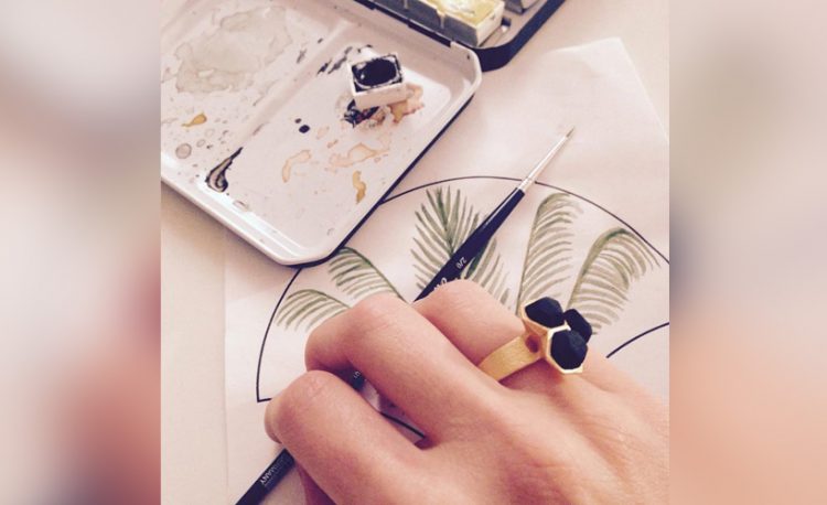 3d printed ring Calyx, gold plated steel and black nylon, floral collection by Radian