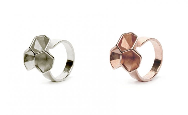3d printed Calyx rings, silver and rose gold plated, floral collection by Radian