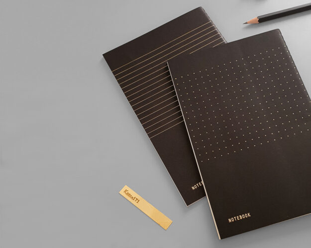 KaRiniTi Design studio Notebook - Black Softcover, 40 pages notebooks with Gold foil pattern on the cover. The inside pages are printed in black on soft creamy 80 gr paper. The page is divided into 2, like the pattern on the cover, so you have plenty of room for doodle or sketch, and enjoying both worlds :) 12.5 cm -19.5 cm