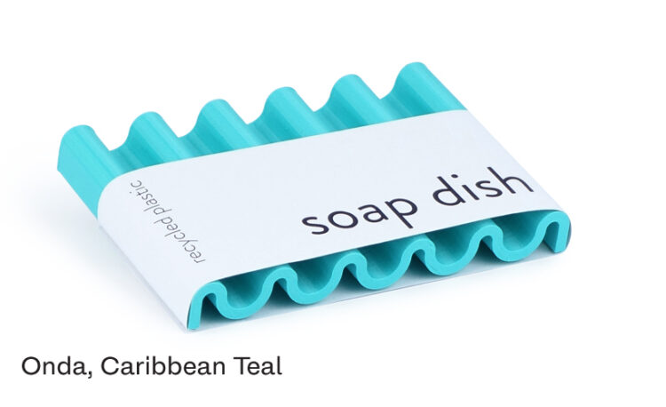 Stylish soap dish in teal color.