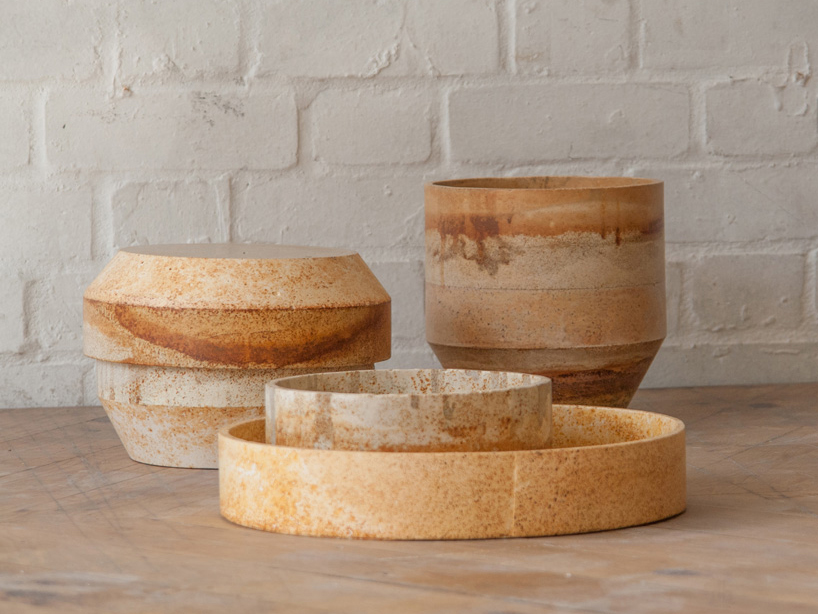 Rust Homewares ariane prin mixes metal dust with plaster + eco-resin to form rust homeware