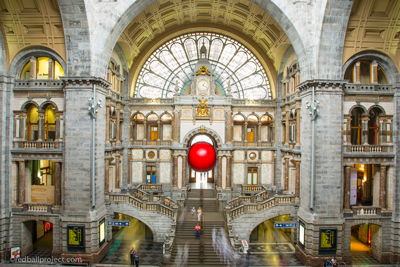 redball project squeezes into architectural landmarks across antwerp