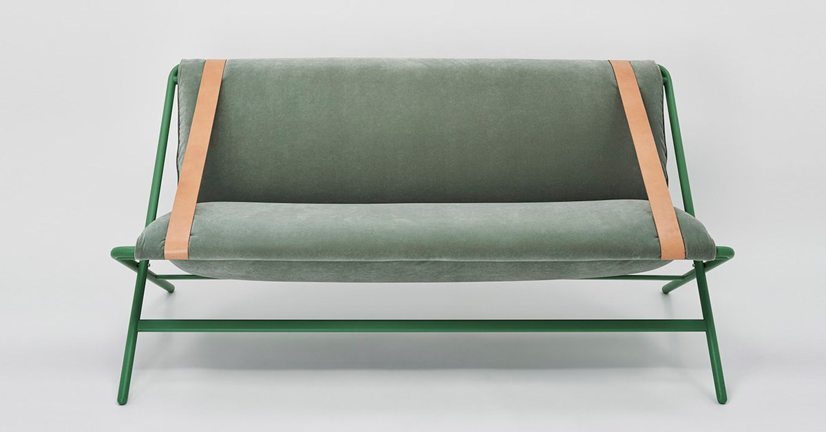 hamanishi uses leather belts to fasten foldable sofa inspired by the