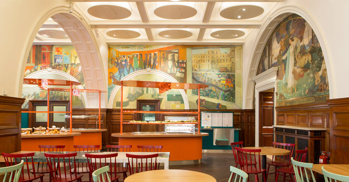 london's royal academy of arts cafe is reborn as colourful marketplace by LOT and transit studio