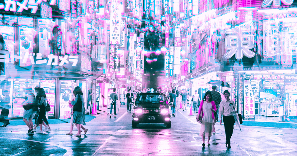 steve roe's vaporwave aesthetic captures a cyberpunk urbanism