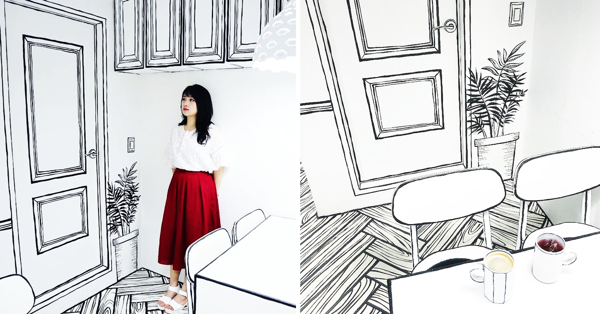 cafe yeonnamdong uses contoured lines to create 2D optical illusion
