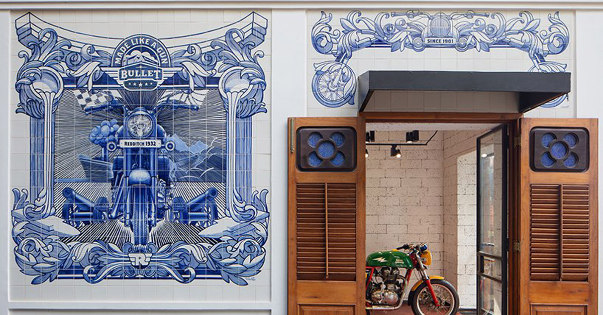 industrial style royal enfield garage cafe in goa is covered with