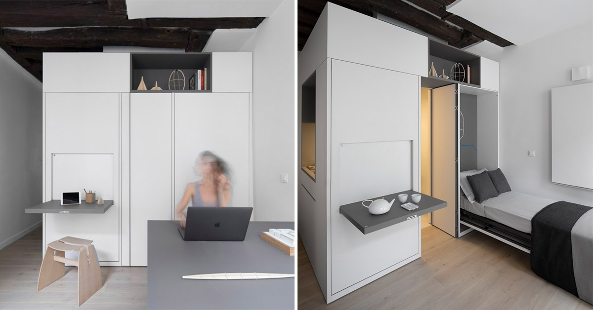 this minimal 16 sqm apartment in paris seamlessly turns into a workspace