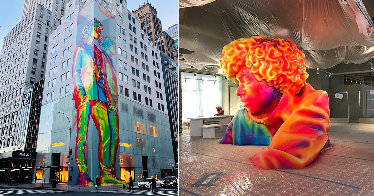 virgil abloh unveils 12-story technicolor sculpture in NYC for louis vuitton