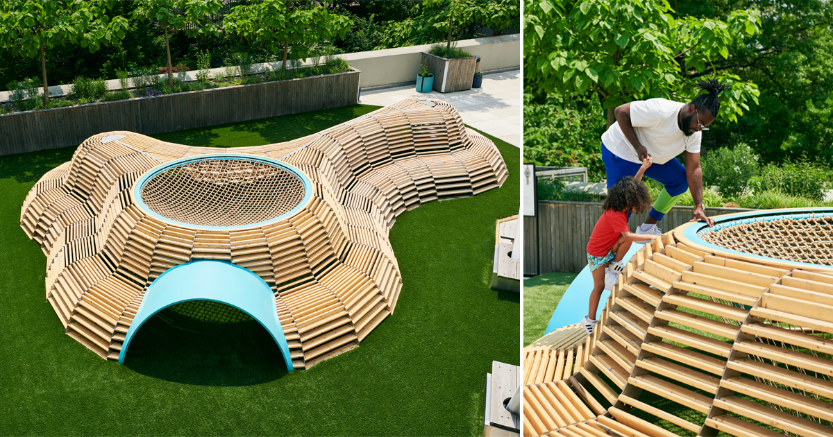 NEST is a sculptural playscape in brooklyn built using reclaimed wood
