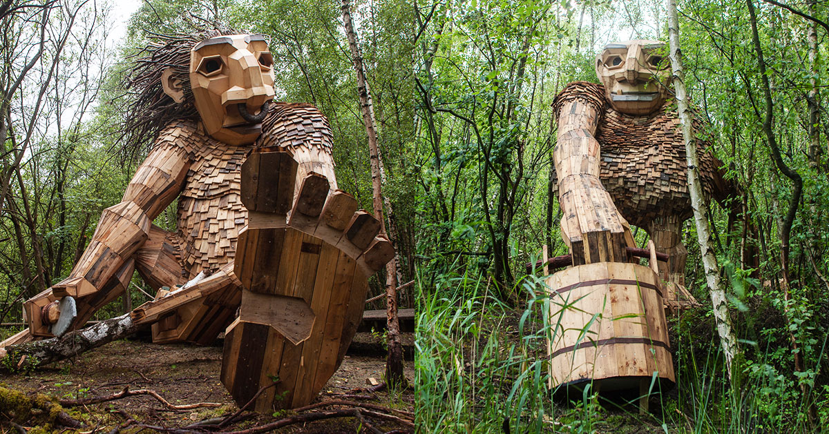 thomas dambo builds 7 giant trolls made from reclaimed wood in belgian