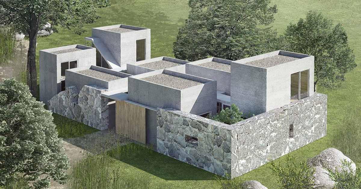 xiaowei bai concrete volumes old stone wall for tea maker's house in latvia