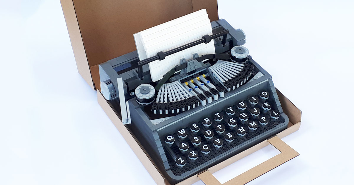 designer builds lifesize LEGO typewriter with working handcrank