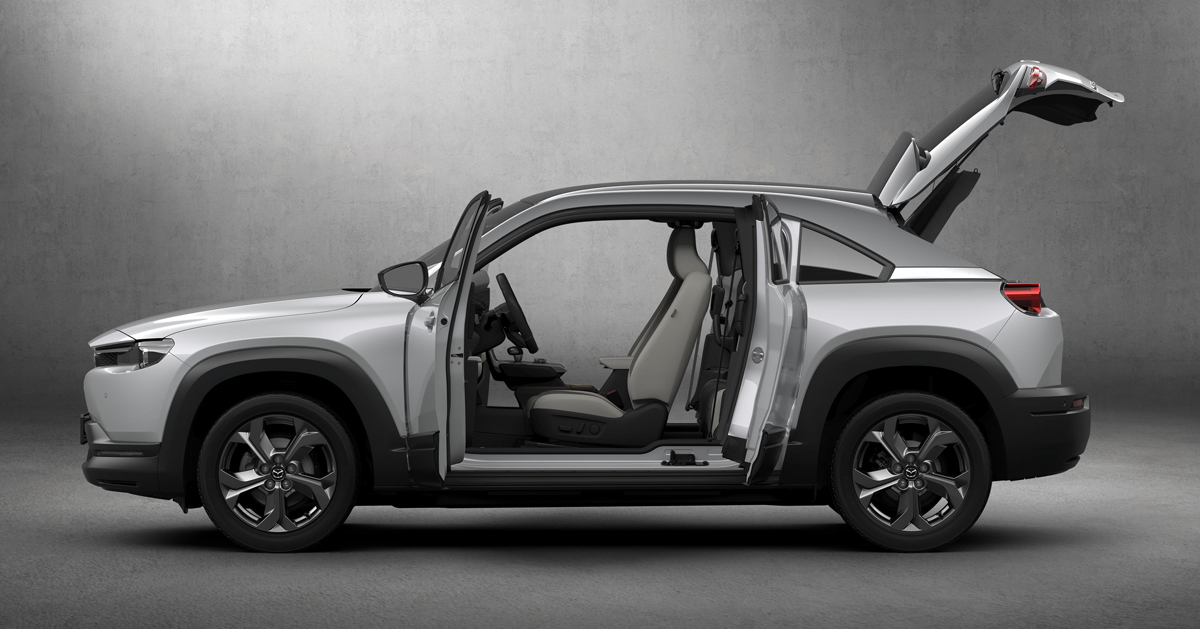 mazda unveils first electric car featuring rear-hinged 'freestyle