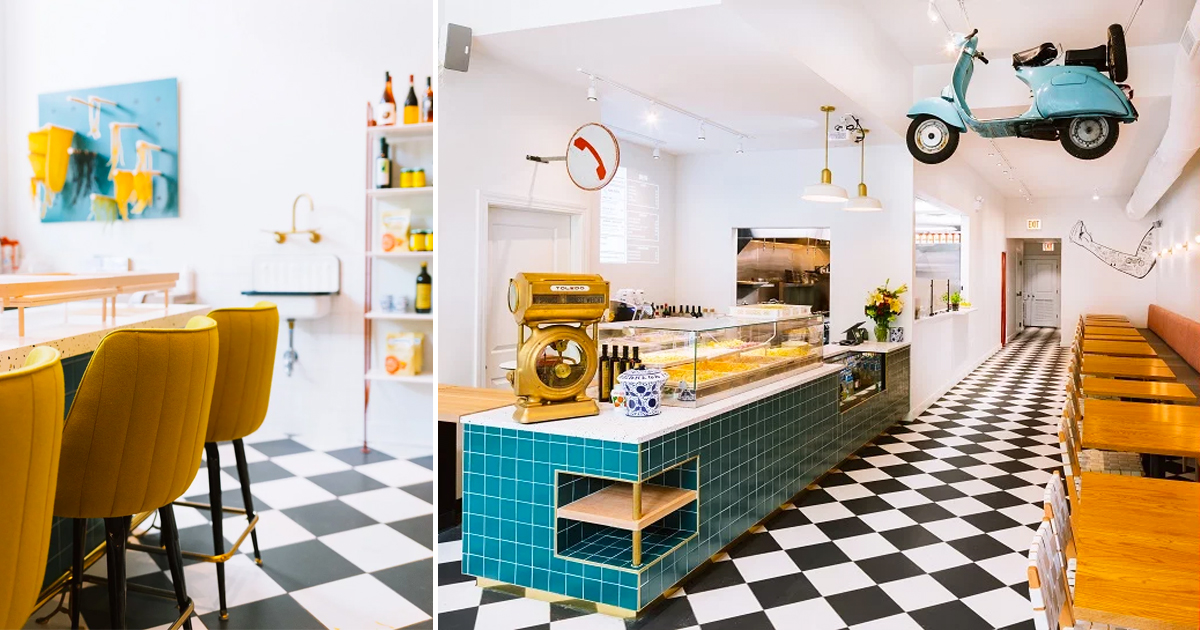 siren betty design suspends a blue vespa in chicago's tortello pasta shop