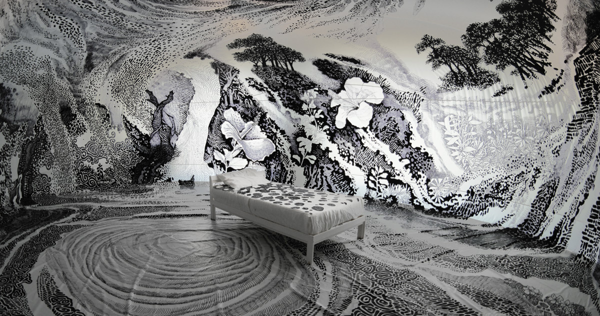 oscar oiwa inks 360° dreamscape mural using 120 sharpie markers