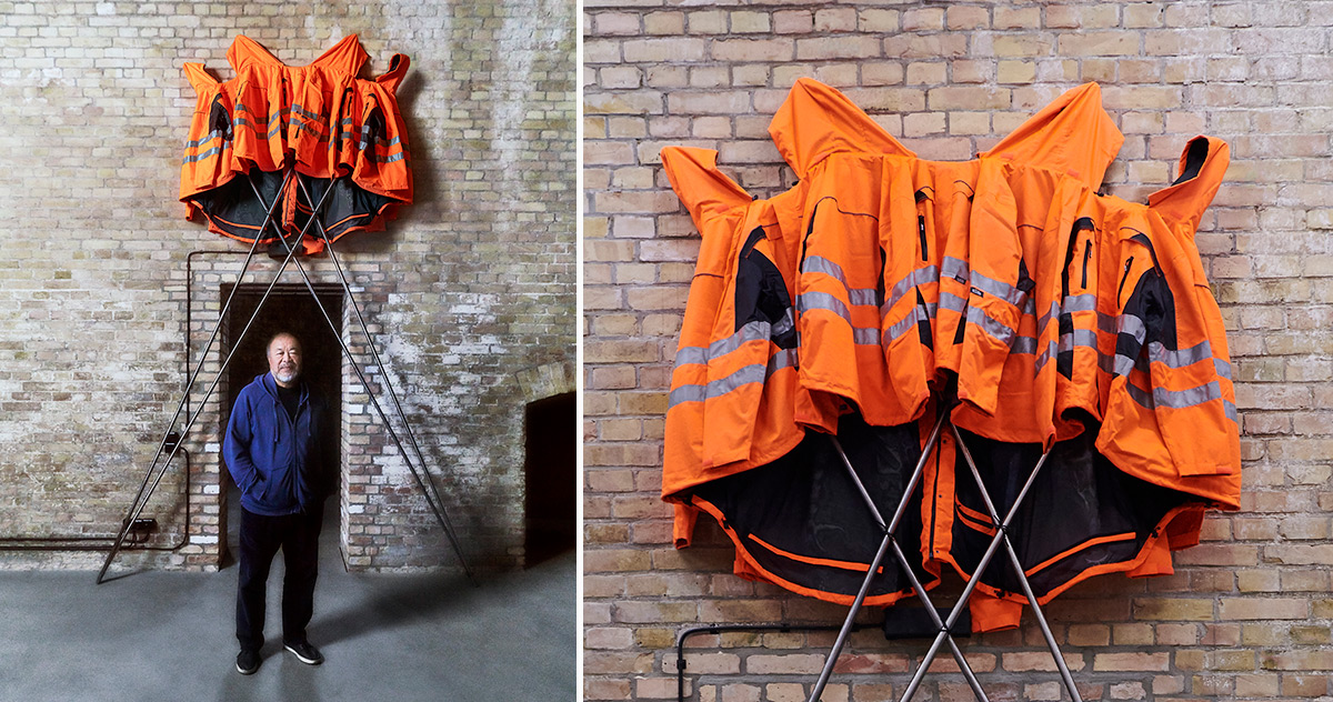 ai weiwei makes DIY sculpture with HORNBACH safety jackets zipped the other way