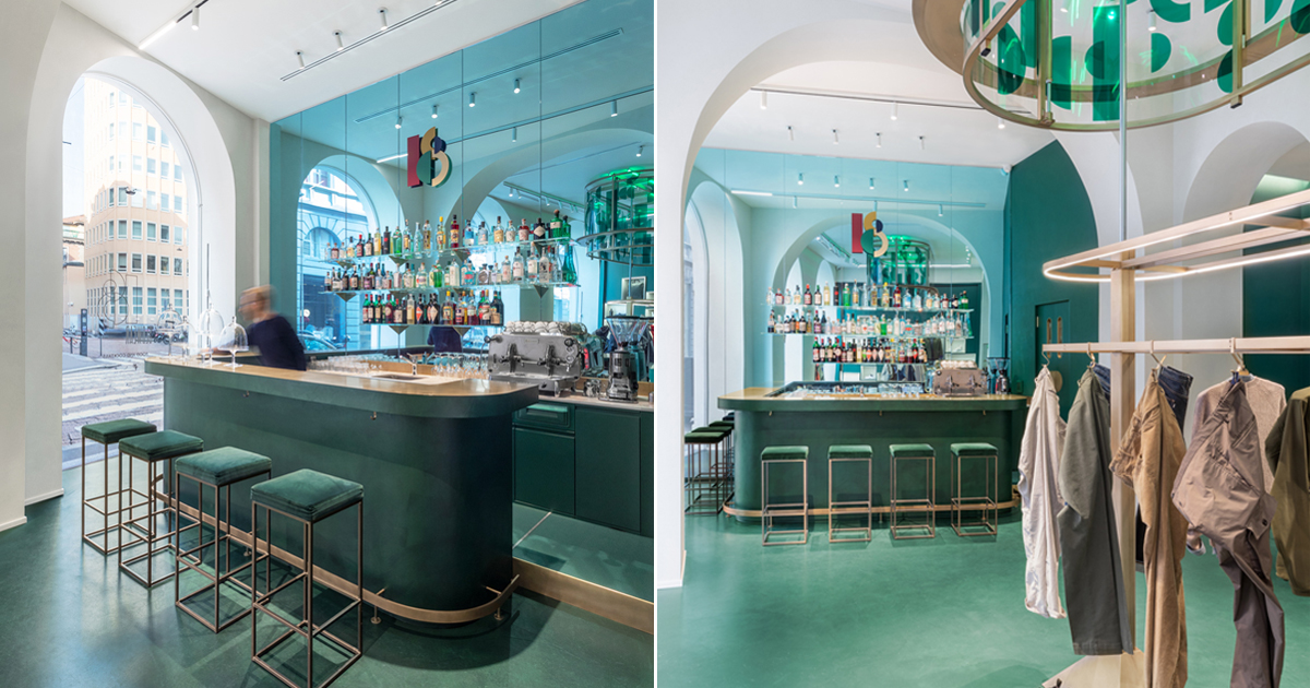 visual display combines a concept clothing store with a cocktail bar in