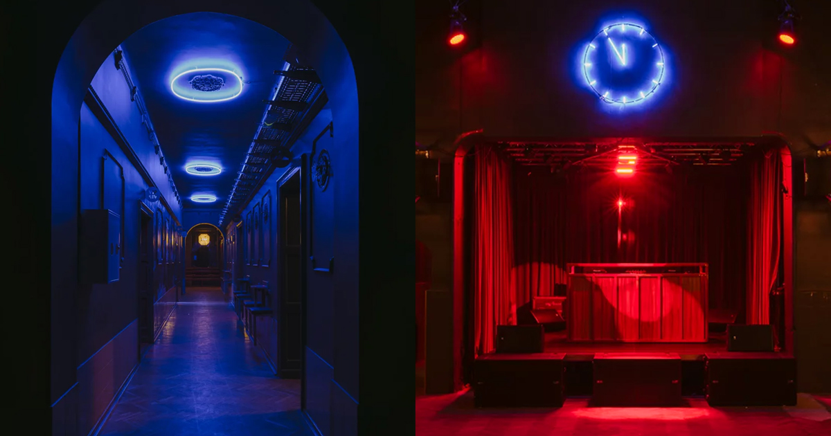 wiercinski studio mixes antiques with neon lighting for nightclub in poland