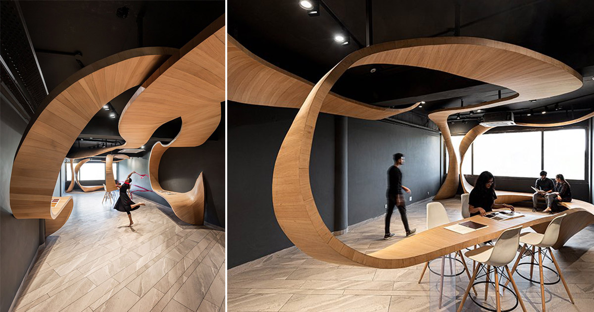 studio ardete fills shop's interiors with a flowing wooden ribbon in india