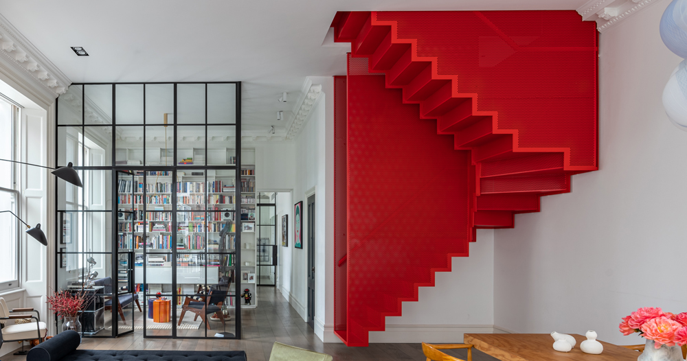 michaelis boyd intervenes georgian apartment with floating red staircase