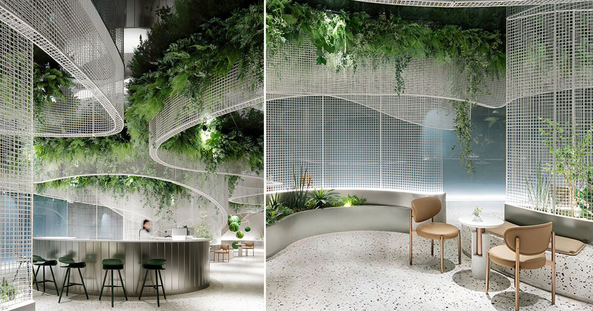 karv one installs flowy metal ceiling fixture within dreamy café ...