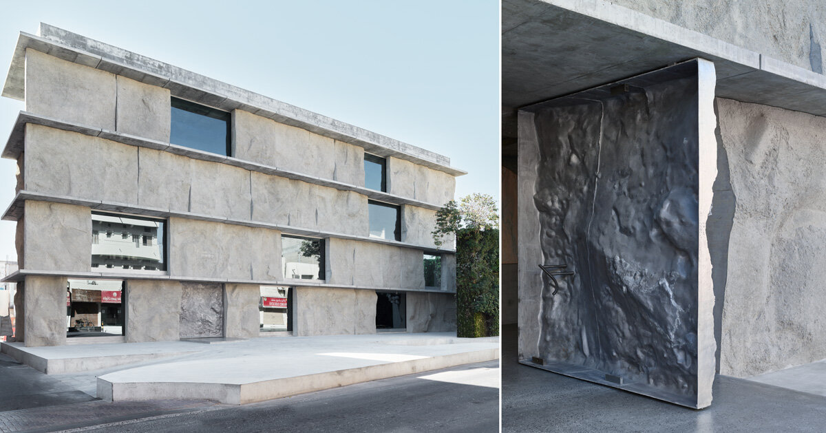 sandcasted concrete façade clads anne holtrop's green corner building