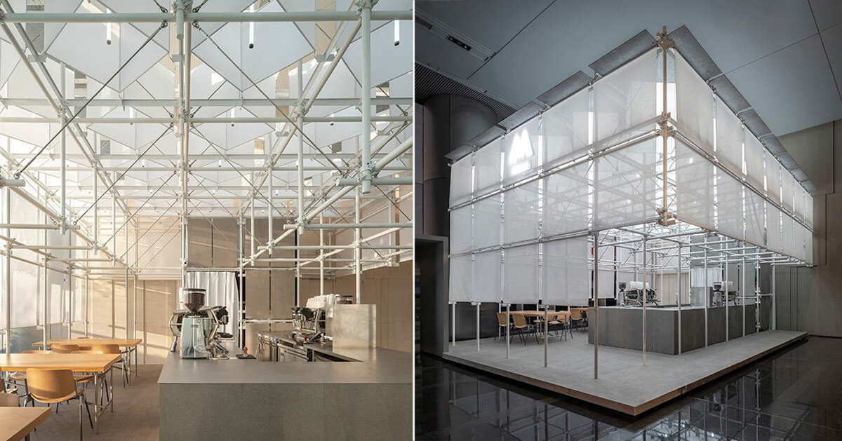 scaffolding + translucent skin form coffee shop pavilion within office