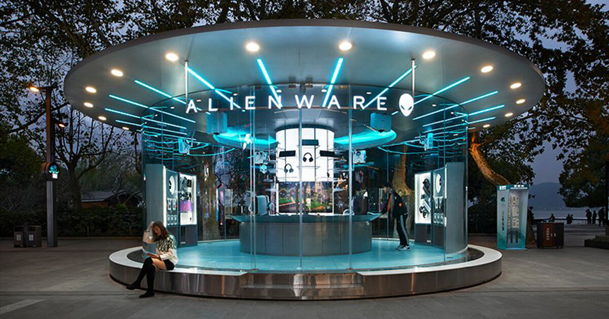 alienware pop-up store' is topped by UFO-shaped roof in hangzhou, china