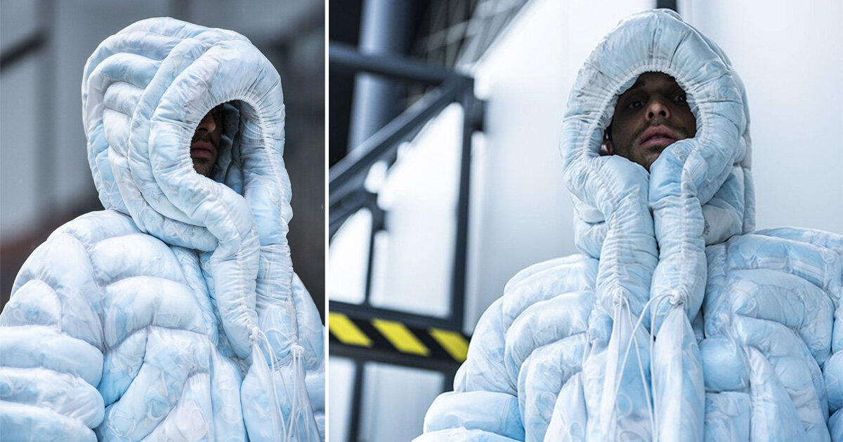 tobia zambotti presents coat-19, a puffer jacket filled with used facemasks