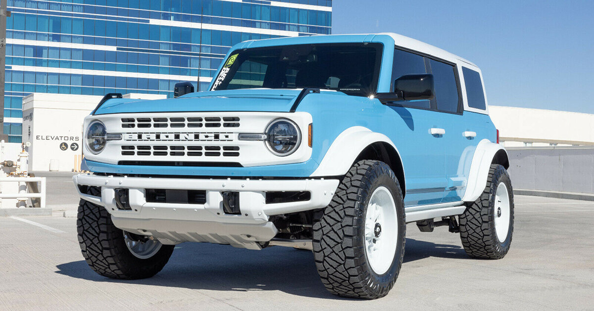retro-inspired baby blue ford bronco with gloss white pops is now