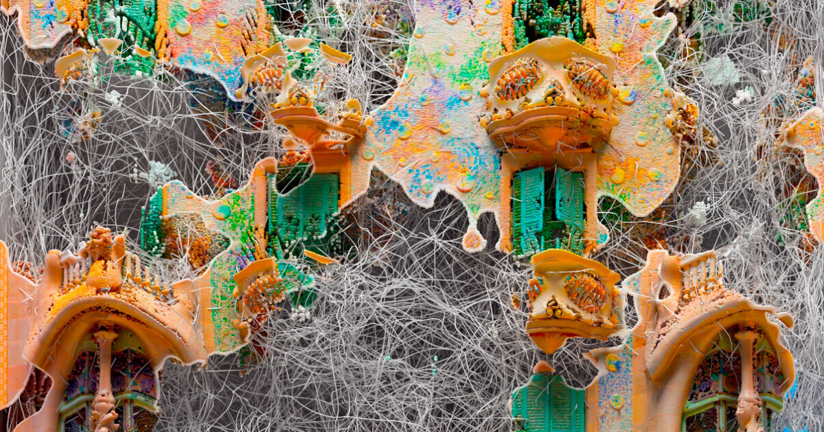 Casa Batlló's facade with its balconies dissolving into colored drips and white threads of data