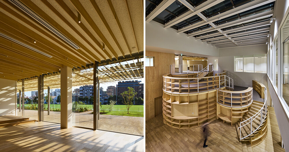 kengo kuma wraps yokohama school in facade of folding timber panels