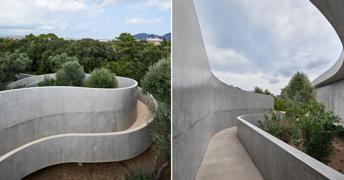 animu media library’s concrete curves embrace the site’s existing landscape in porto-vecchio