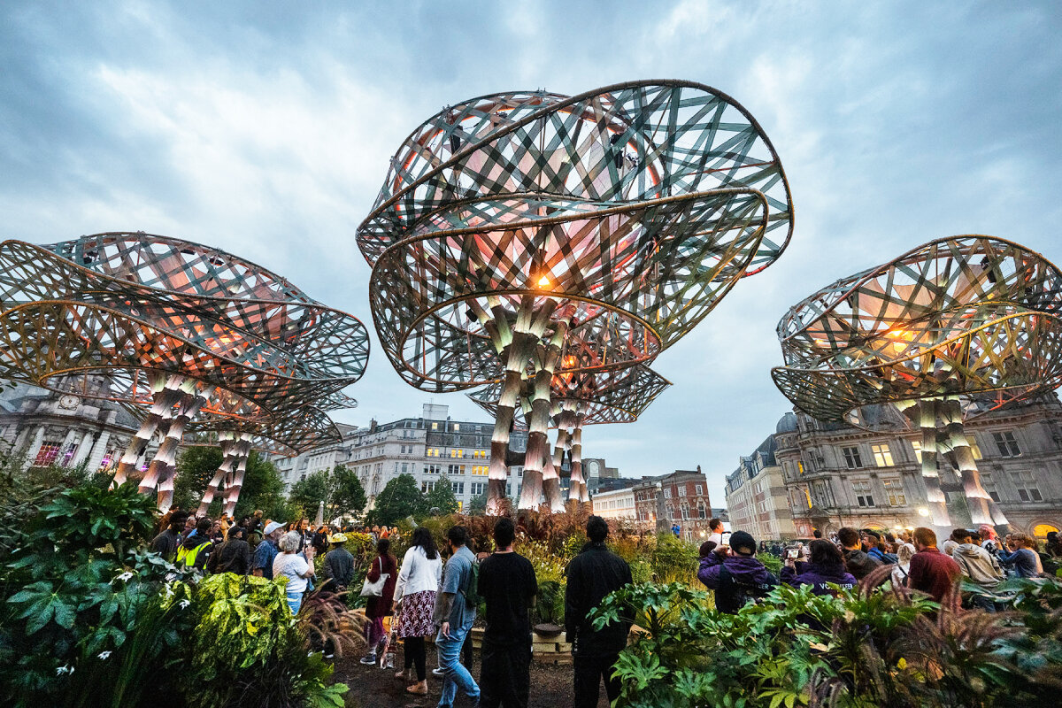 giant tree sculptures & popup forest by THISS studio evoke wonderland